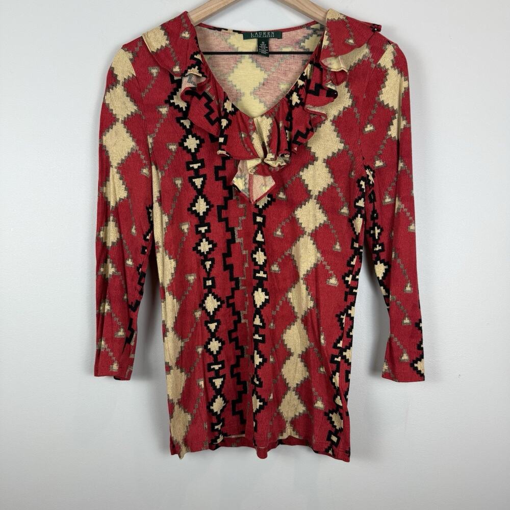 Ralph Lauren Womens Aztec Tribal Top Medium Ruffle Collar 3/4 Sleeve Blouse Boho
